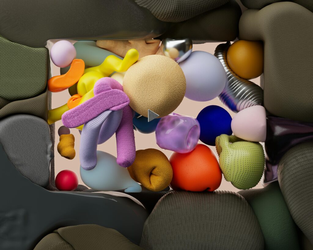 Vibrant 3D rendering of colorful geometric shapes arranged in an abstract layout.