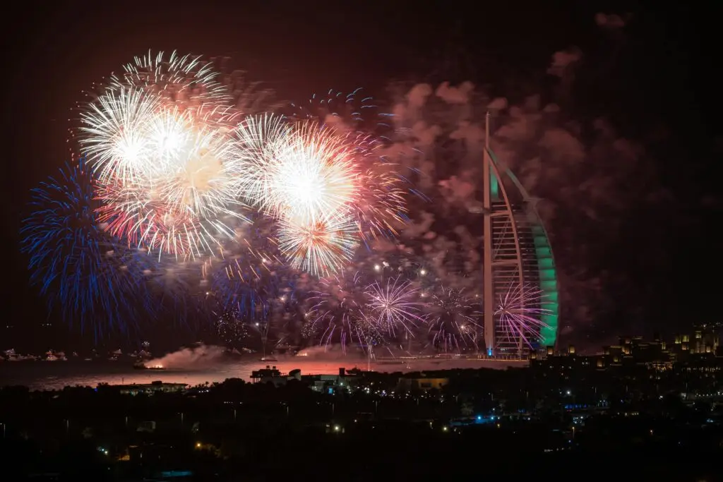 Stunning fireworks light up the night sky near Burj Al Arab in Dubai.