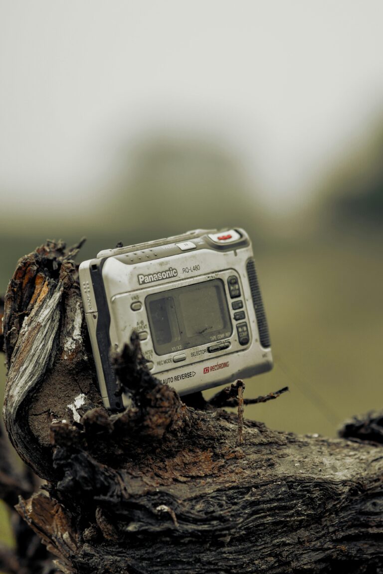 Vintage Panasonic recorder resting on a weathered log outdoors.