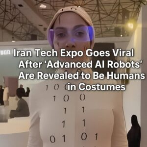 Humanoid robot display at Iran Tech Expo that later went viral after being revealed as a human in a costume