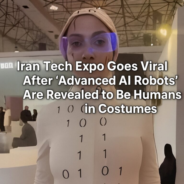 Humanoid robot display at Iran Tech Expo that later went viral after being revealed as a human in a costume